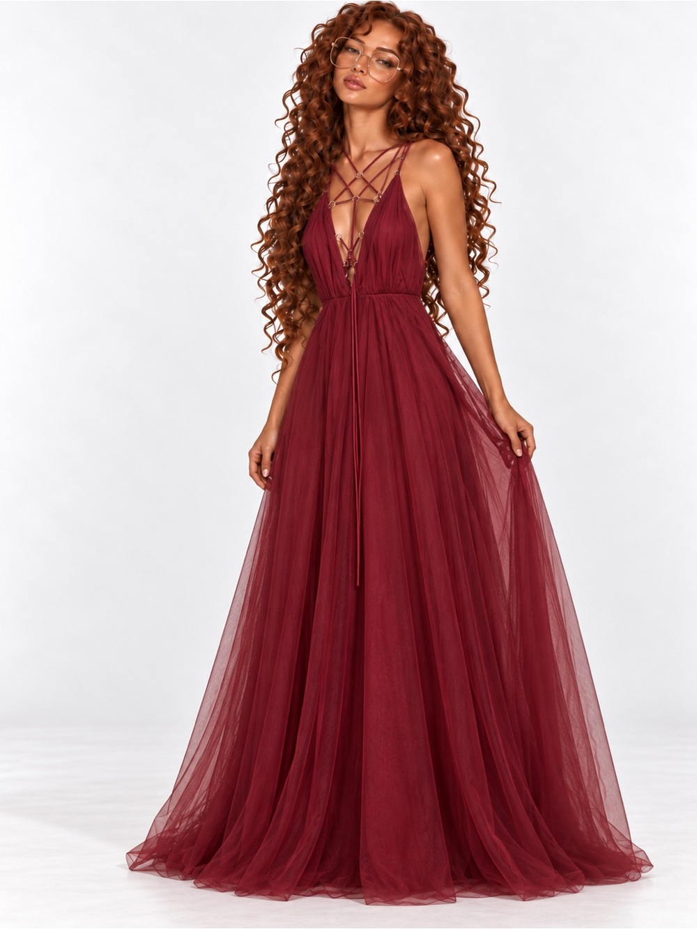 Topshop Burgundy Tulle Maxi Dress with Crisscross Straps